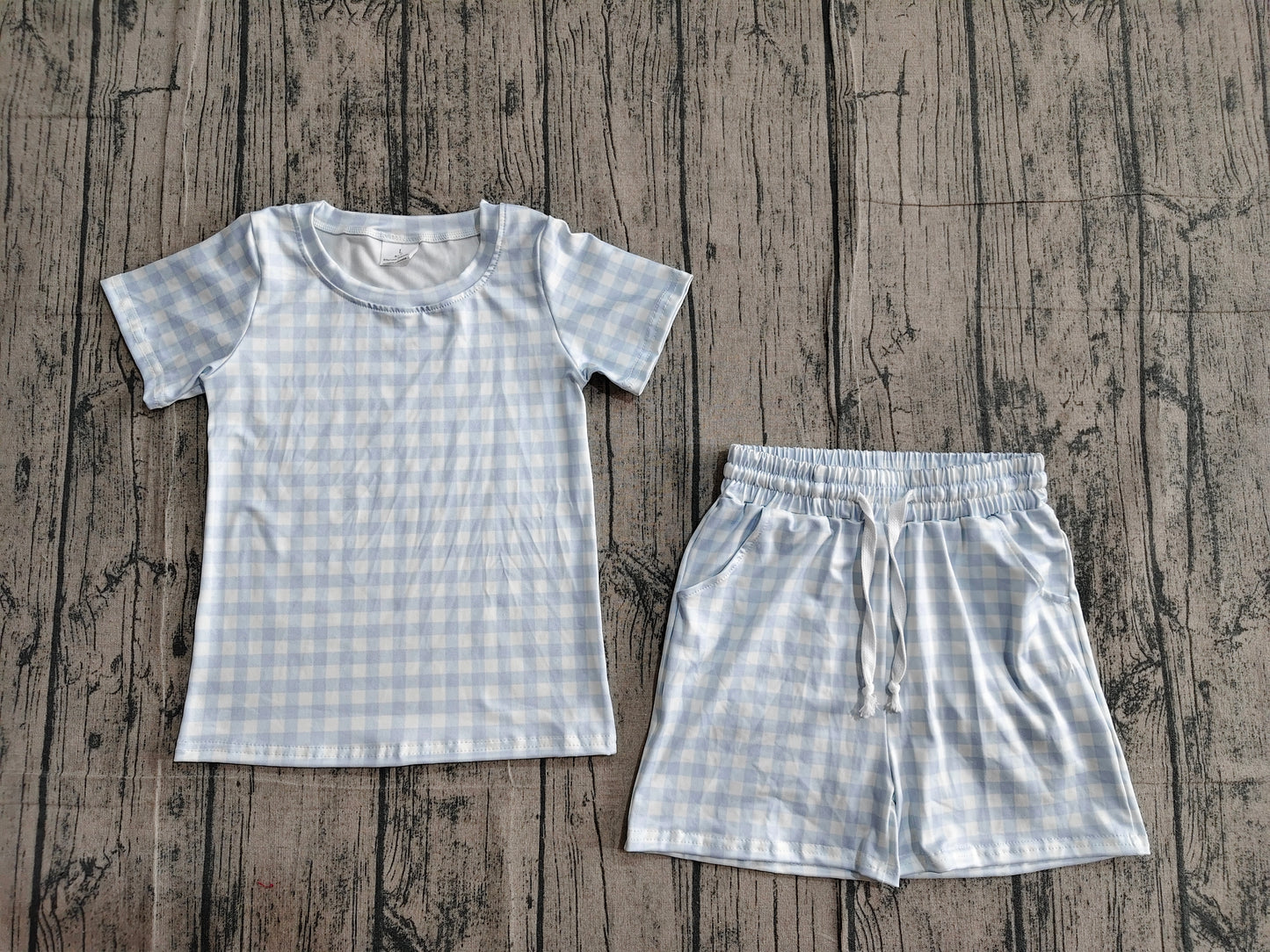 Baby Boys Kids Short Sleeves Blue Plaid Shirt Pockets Shorts Summer Clothes Set RTS