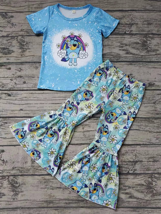 Baby Girl Short Sleeves Blue Shirt Dogs Floral Rainbow Peace Bell Pants Set