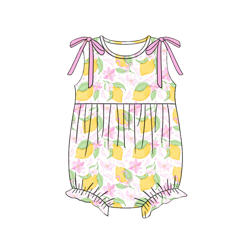 ( Moq 5 )  Preorder Baby Girls Infant Lemons Flower Bows Summer Bubble Romper Clothes