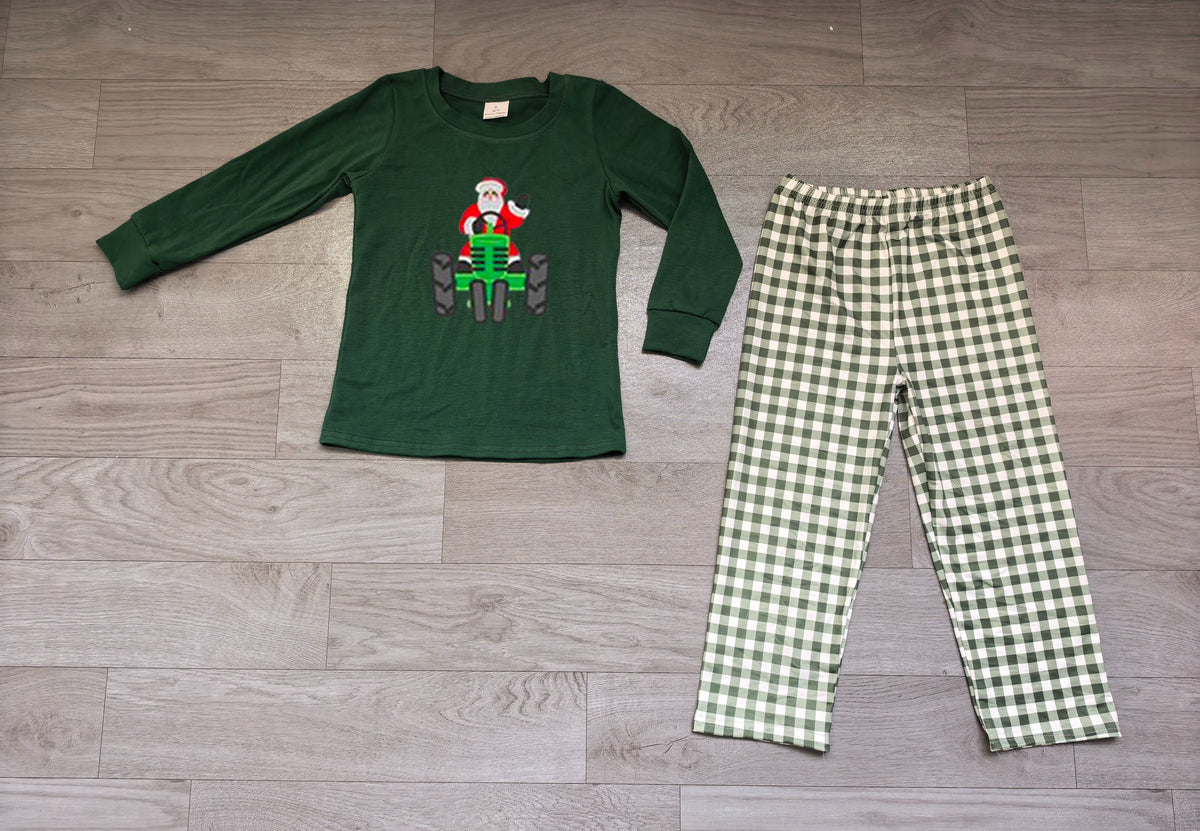 ( No moq ) Preorder Baby Boys Embroidery Christmas Santa Truck Shirts Green Plaid Pants Pajamas Set
