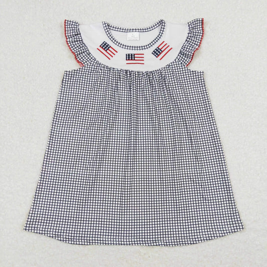 Baby Girl July 4th Embroidery Flags Plaid Summer Dress