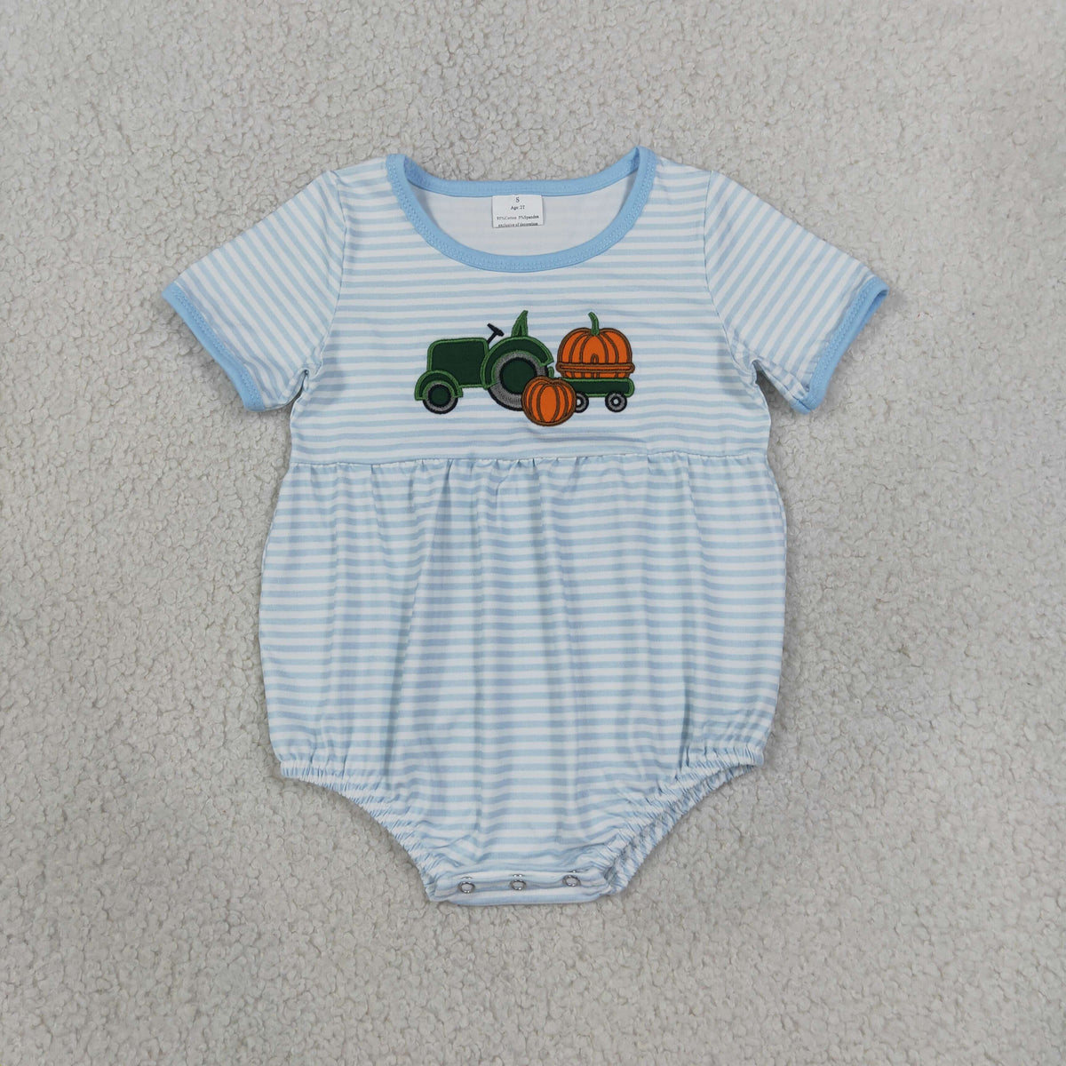 Baby Boys Kids Embroidery Pumpkin Tractor Blue Stripes Fall Romper Clothes RTS