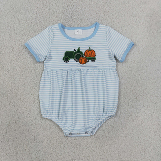 Baby Boys Kids Embroidery Pumpkin Tractor Blue Stripes Fall Romper Clothes RTS