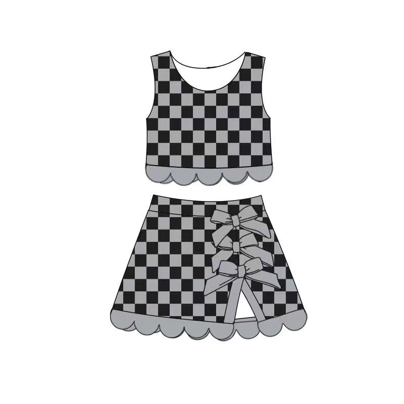 ( Moq 5 ) Preorder Baby Girls Kids Black Grey Checked Shirt Scallop Bows Skirt Shorts Yoga Active Set Clothes