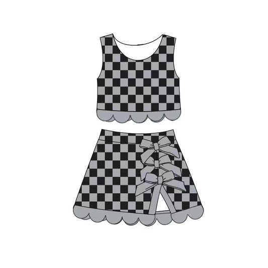 ( Moq 5 ) Preorder Baby Girls Kids Black Grey Checked Shirt Scallop Bows Skirt Shorts Yoga Active Set Clothes