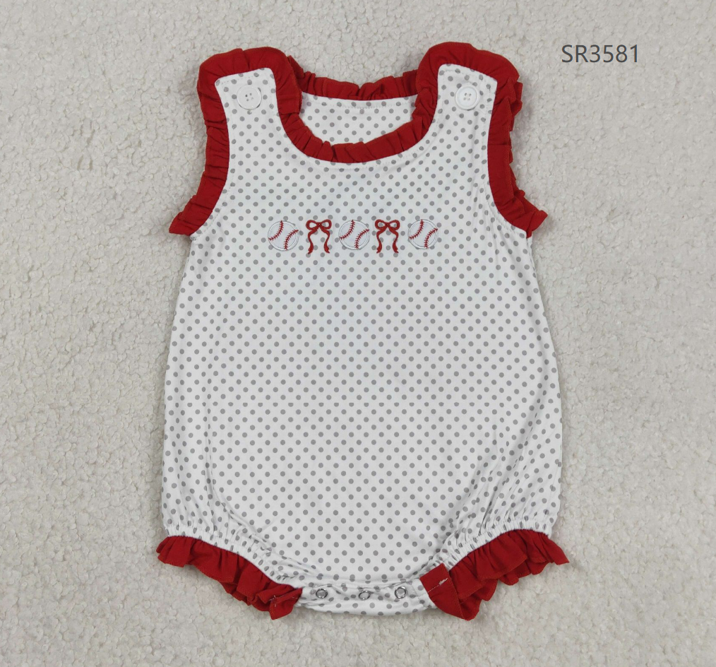 Baby Girls Infant Sleeveless Embroidery Baseball Bows Dots Bubble Romper RTS
