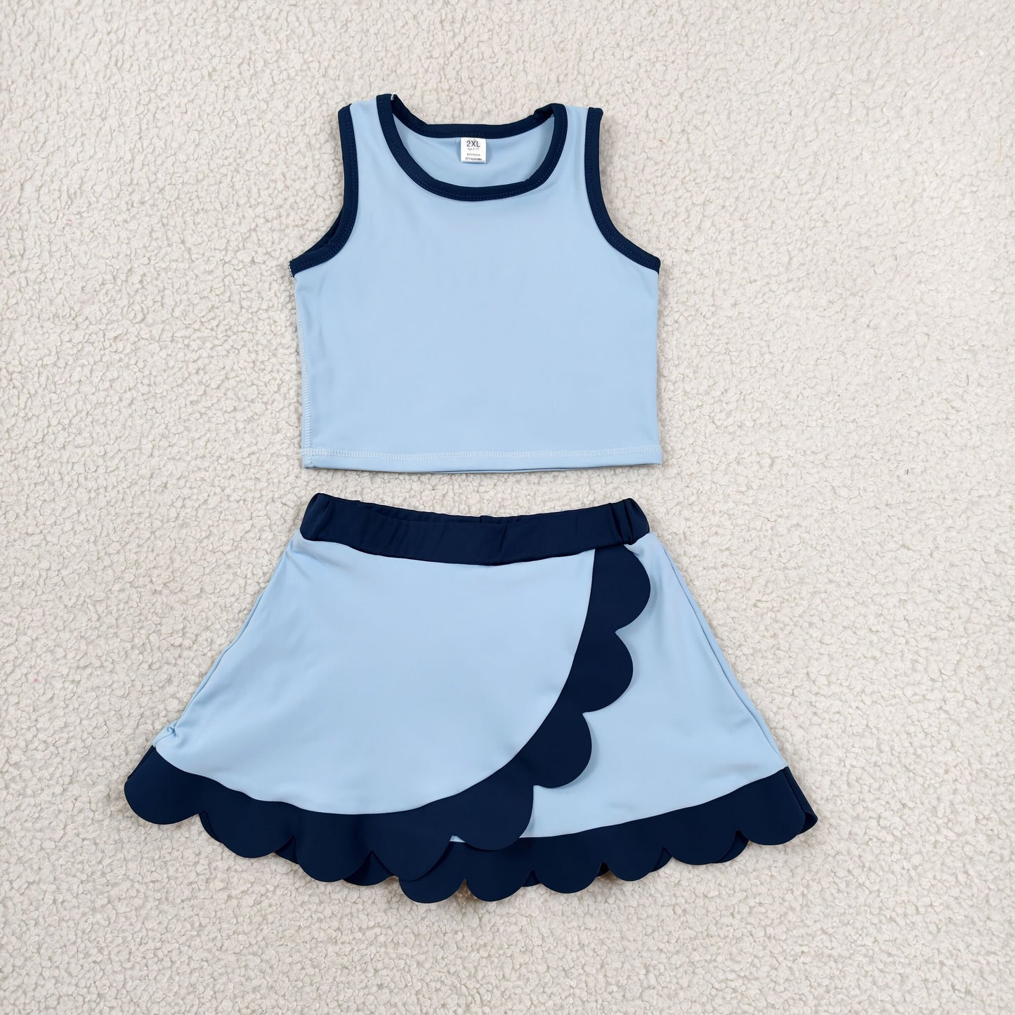 Baby Girls Kids Blue Shirt Scallop Skirt Shorts Yoga Active Set Clothes RTS