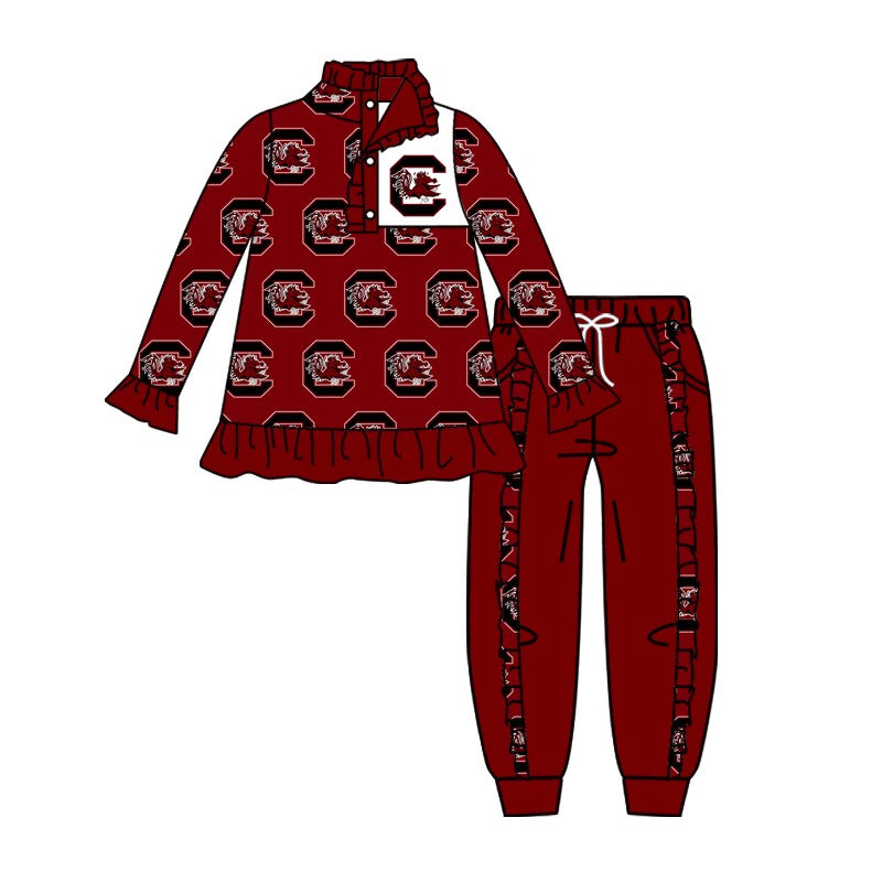 Baby Girl Long Sleeves Team Pullover Shirt Dark Red Pants Fall Clothes Set