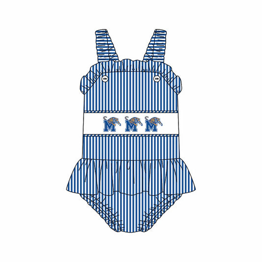 ( Moq 5 ) Baby Girls Kids Sleeveless Blue Stripes Tiger Team Ruffle Bubble Romper