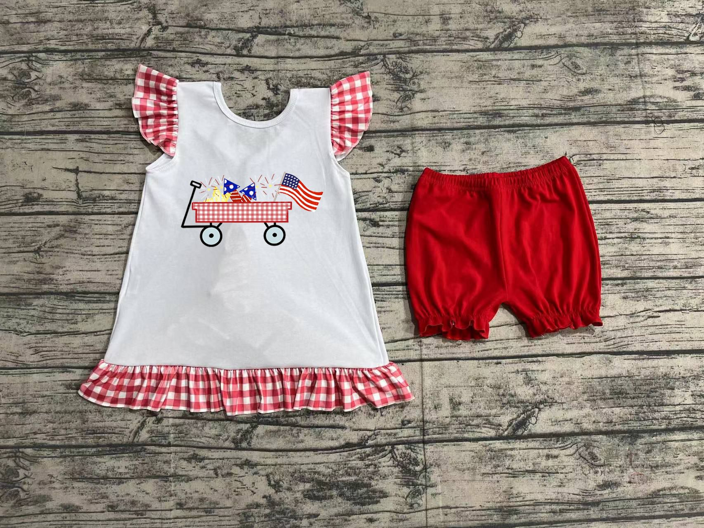 No moq Pre-order July 4th Baby Girl Embroidery Tunic Red Ruffle Shorts Summer Set