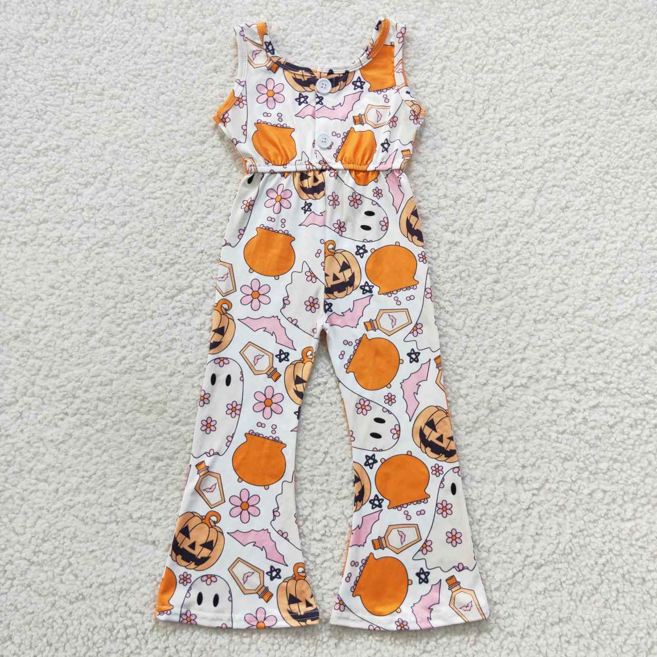 SR0410 Baby Girl Sleeveless Halloween Pumpkin Ghost Floral Jumpsuit