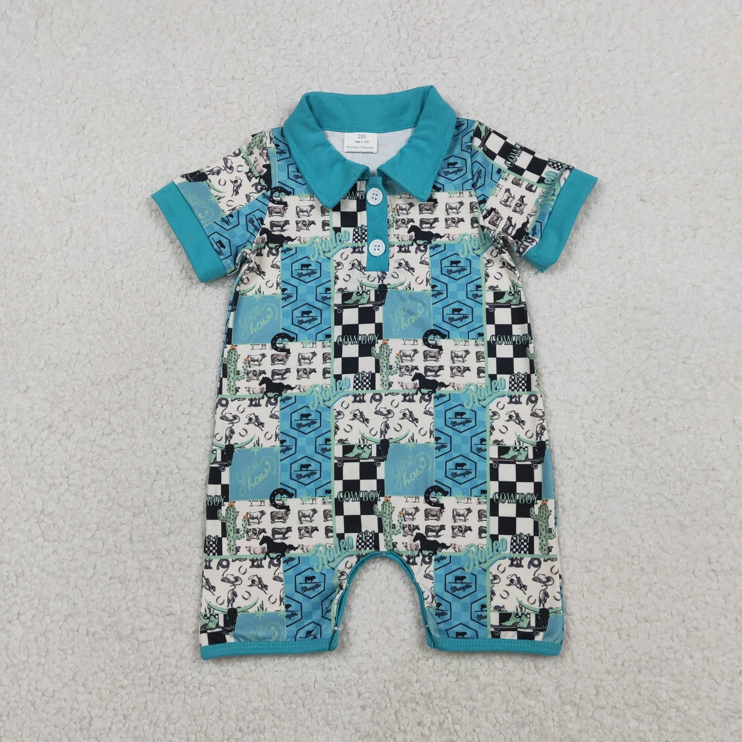 Sibling Baby Boys Short Sleeves Western Cow Cactus Buttons Blue Romper Shirt RTS