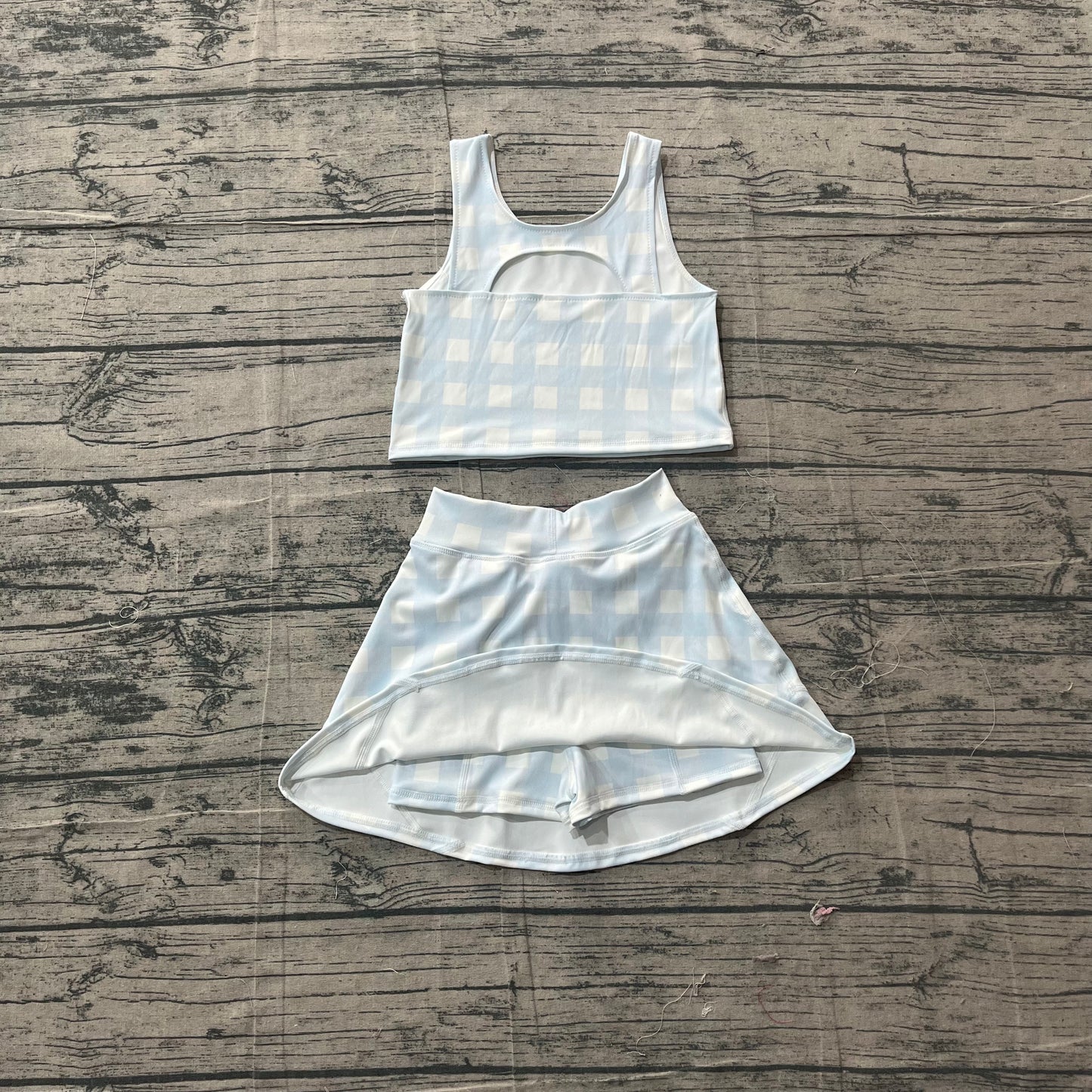 ( No moq ) Preorder Baby Girls Kids Blue Plaid Tops Skirt Shorts Yoga Summer Set