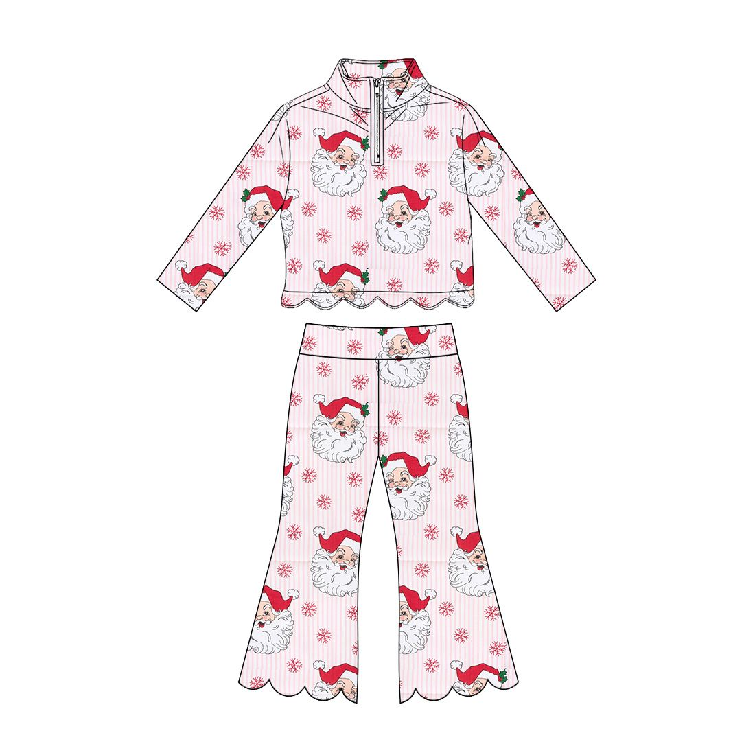 ( Moq 5 ) Preorder Baby Girls Kids Christmas Santa Stripes Shirt Scallop Pants Pink Set Clothes