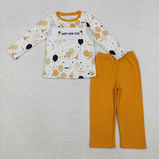 Boys Kids Embroidery Happy New Year Balloons Shirt Pants Clothes Set RTS