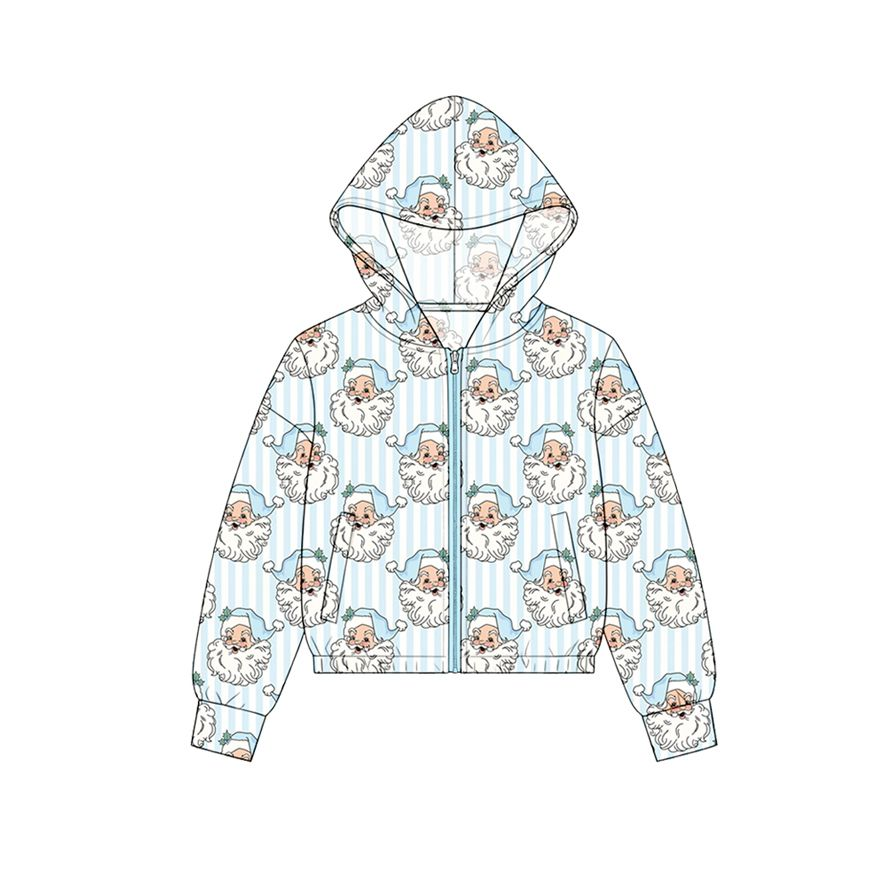 ( Moq 5 ) Preorder Baby Girl Kids Pockets Zipper Hoodie Christmas Santa Blue Stripes Jacket Coat Tops