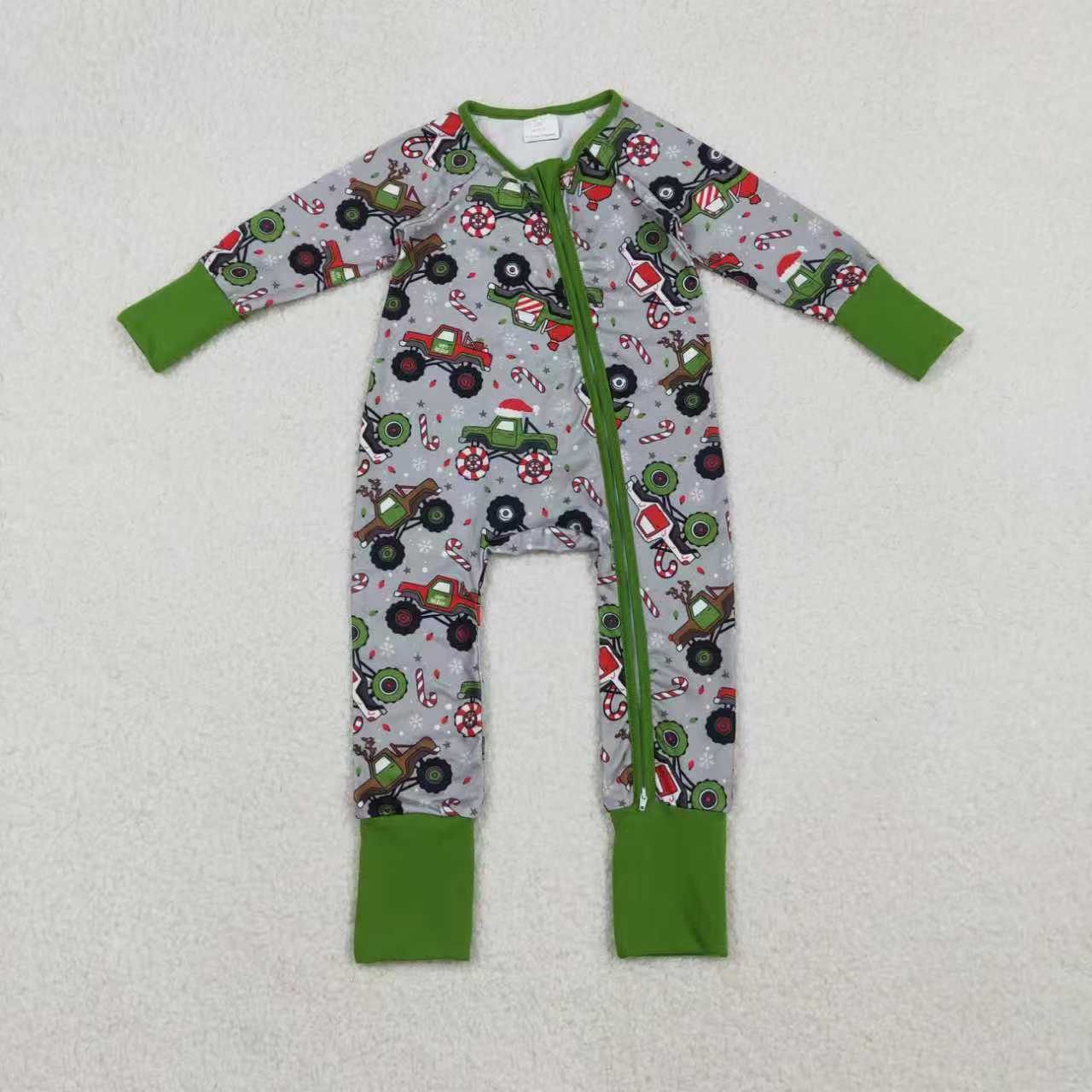 Sibling Baby Boys Kids Long Sleeves Christmas Trucks Zipper Romper Pajamas Set RTS