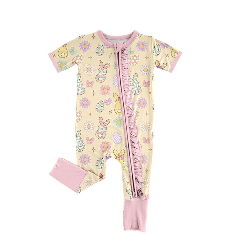 ( Moq 5 ) Preorder Baby Girls Infant Easter Rabbits Eggs Bows Footie Sleeper Zipper Romper Clothes