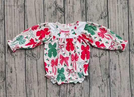 ( No moq ) Preorder Baby Girls Long Sleeves Red Green Bows Embroidery Christmas Bubble Romper