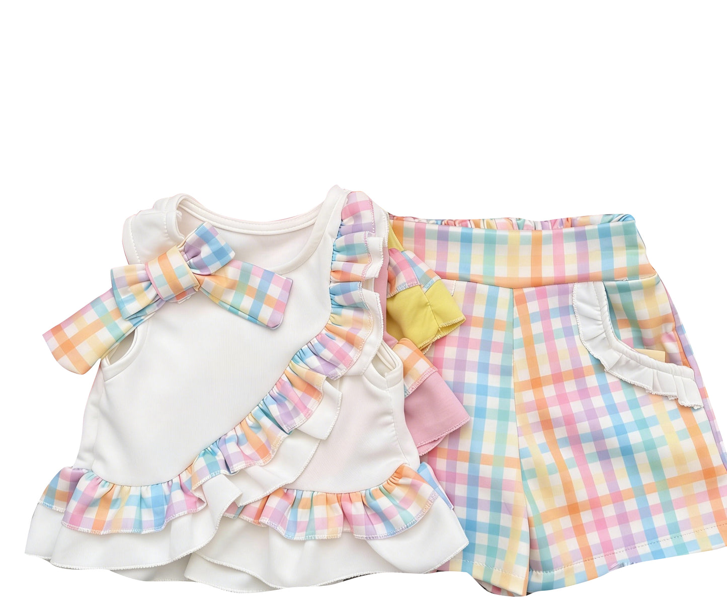 ( Moq 5 )  Preorder Baby Girls Kids Bows Ruffle White Tops Colorful Plaid Pockets Shorts Set Summer Clothes