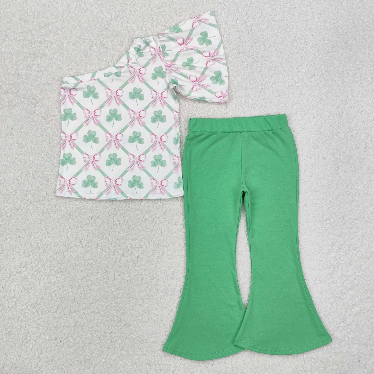 Baby Girl St Patrick Bows One Shoulder Top Bell Pants Clothes Set