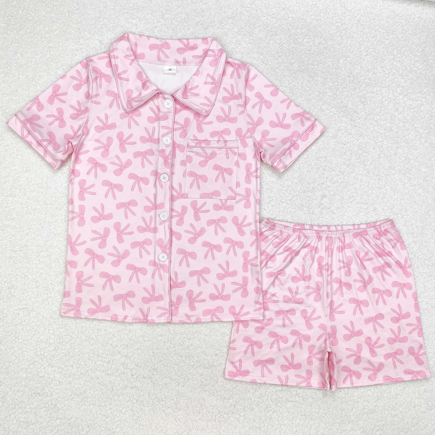 Adult Women Short Sleeves Pink Bows Buttons Tops Shorts Pajamas Set