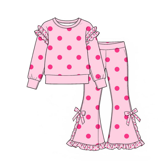 ( Moq 5 ) Preorder Baby Girls Kids Long Sleeves Dots Shirt Bows Ruffle Pants Pink Set Clothes