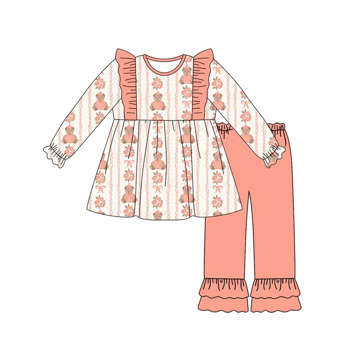 ( Moq 5 ) Preorder Baby Girls Kids Bear Bows Flower Tunic Ruffle Pants Set Clothes