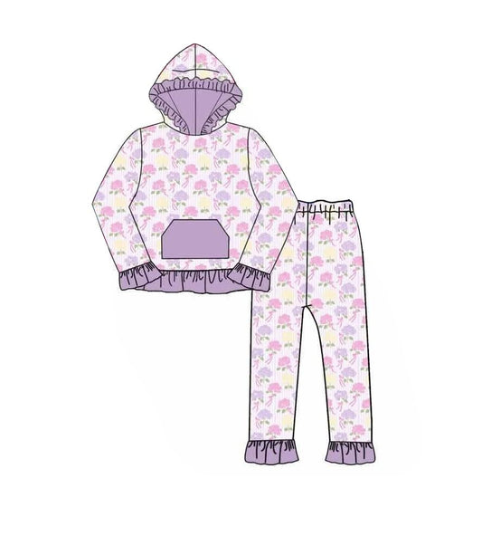 ( Moq 5 ) Preorder Baby Girls Kids Long Sleeves Pocket Hoodie Pullover Flower Bows Pants Set Clothes