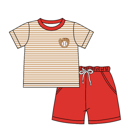 Baby Boy Short Sleeves Stripes Baseball Shirt Pockets Red Shorts Clothes Set Moq 5