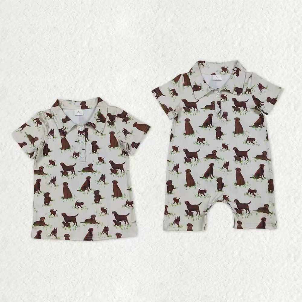 Sibling Baby Boys Short Sleeves Dogs Buttons Shirt Romper Hunting Clothes RTS