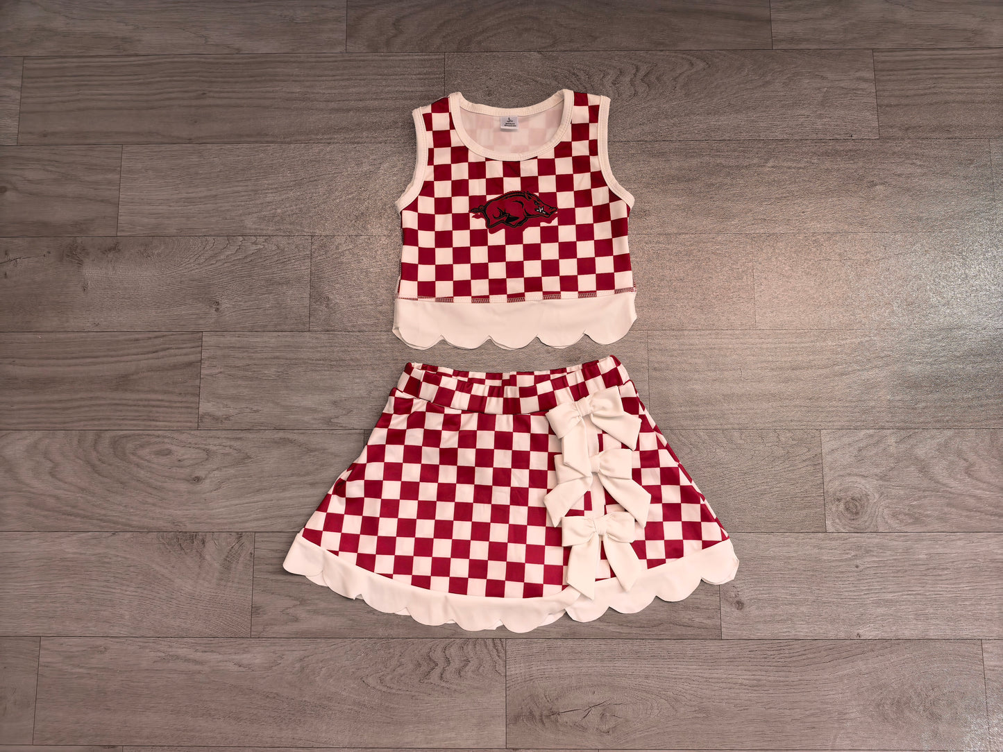 ( No moq ) Preorder Baby Girls Kids Pig Checked Shirt Scallop Bows Skirt Shorts Team Set Yoga Active Clothes