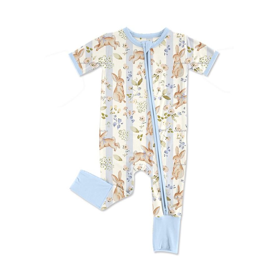 ( Moq 5 ) Preorder Baby Girls Kids Rabbits Flower Stripes Zipper Footie Romper Easter Clothes