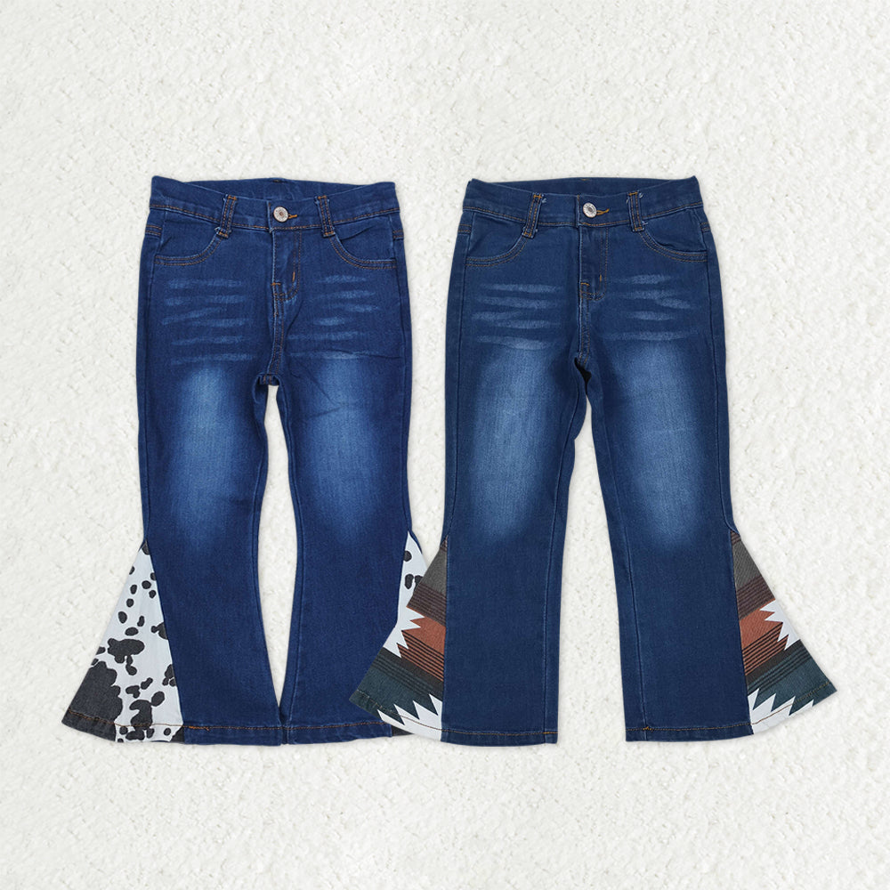 Sibling Baby Girls Western Aztec Cow Print Blue Denim Bell Pants Jeans Bottoms RTS