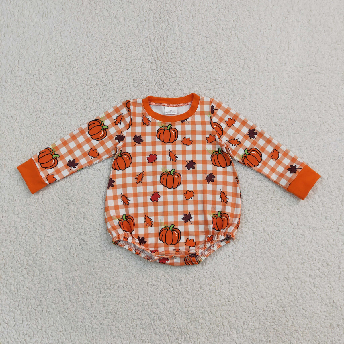 Baby Boys Infant Long Sleeves Pumpkins Orange Plaid Fall Bubble Romper Clothes RTS