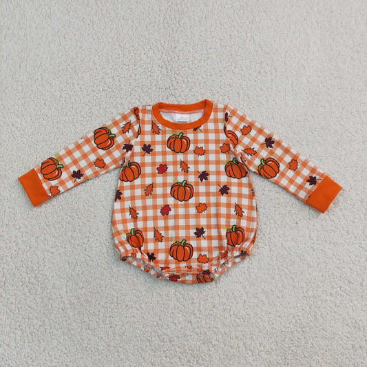 Baby Boys Infant Long Sleeves Pumpkins Orange Plaid Fall Bubble Romper Clothes RTS