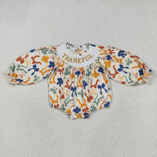 Baby Girl Long Sleeves Embroidery Thankful Colorful Bows Smocked Bubble Romper RTS