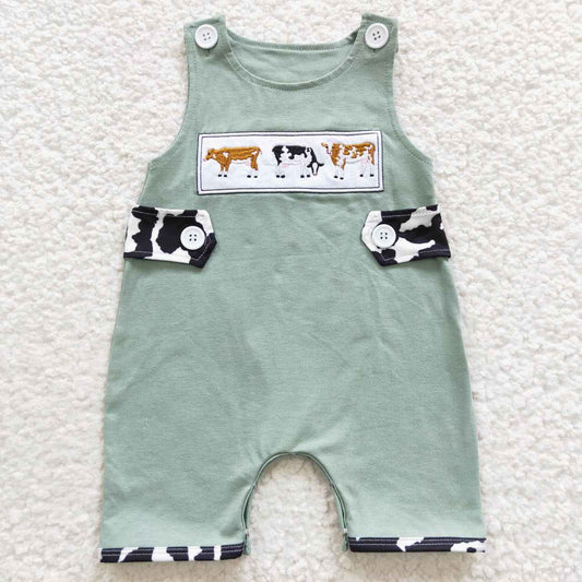 SR0374 Baby Boy Farm Cow Summer Embroidery Green Cotton Romper