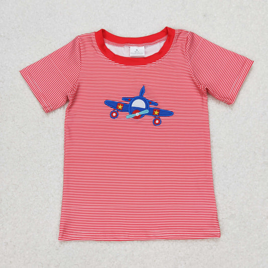 Baby Boy Short Sleeves Embroidery Plane Red Stripes Shirt