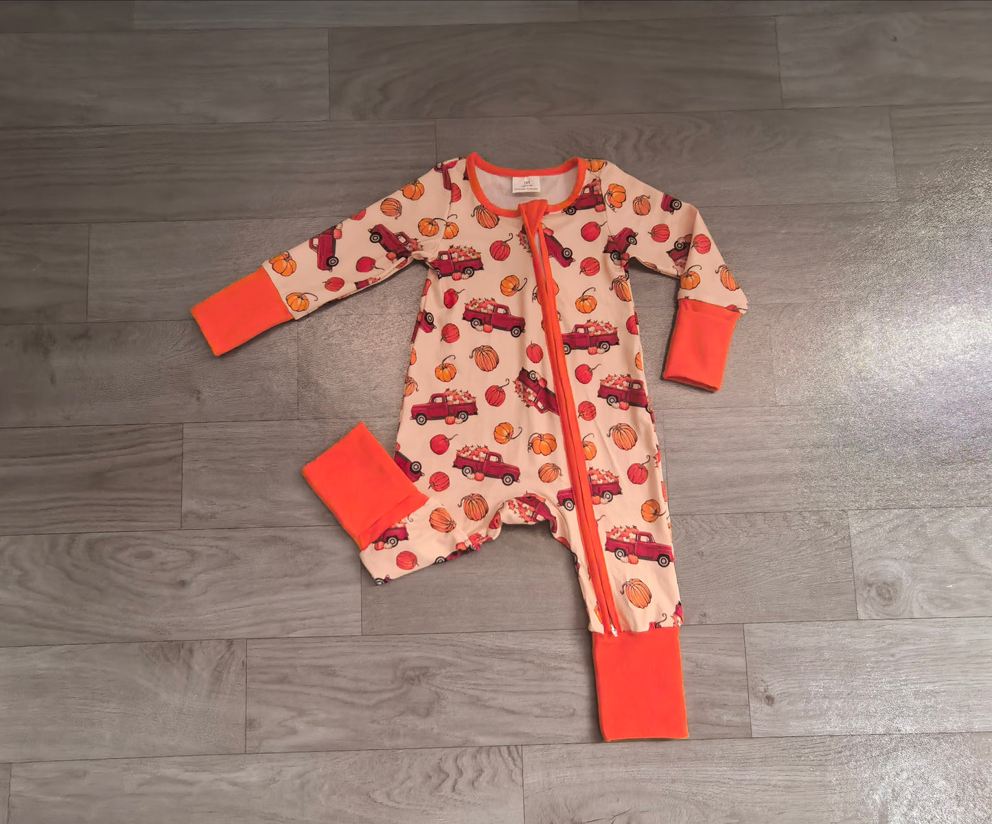 ( No moq ) Preorder Baby Boys Infant Pumpkins Trucks Fall Zipper Footie Sleeper Romper Clothes