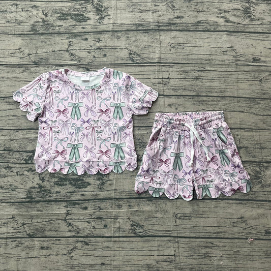 ( No moq ) Preorder Baby Girls Kids Short Sleeves Bows Shirt Scallop Shorts Summer Pink Set