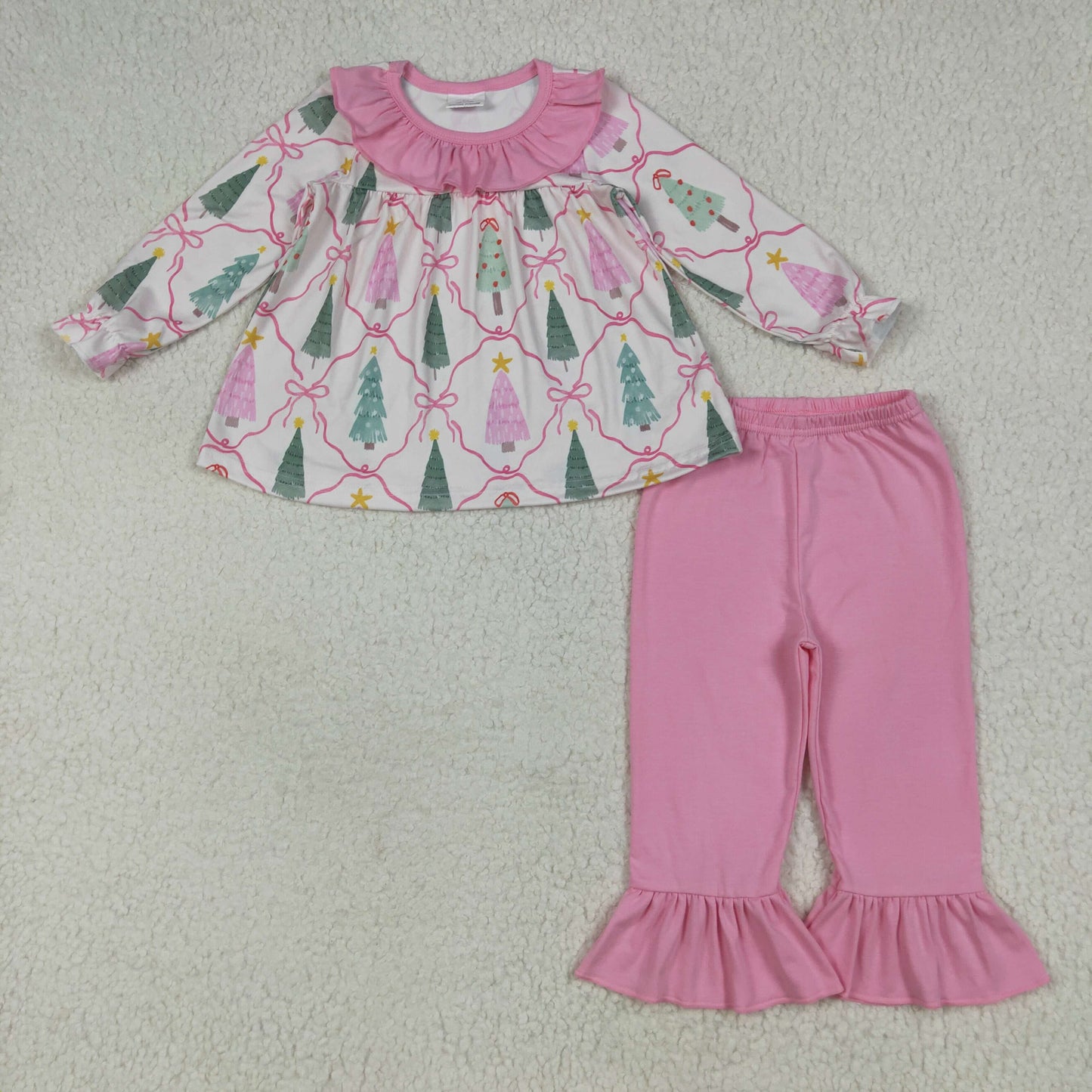 Baby Girl Long Sleeves Trees Bows Ruffle Tunic Pink Pants Christmas Set RTS