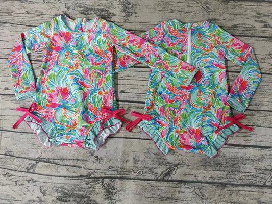 Moq 5 Baby Girl Long Sleeves Colorful Floral One Piece Swimsuit