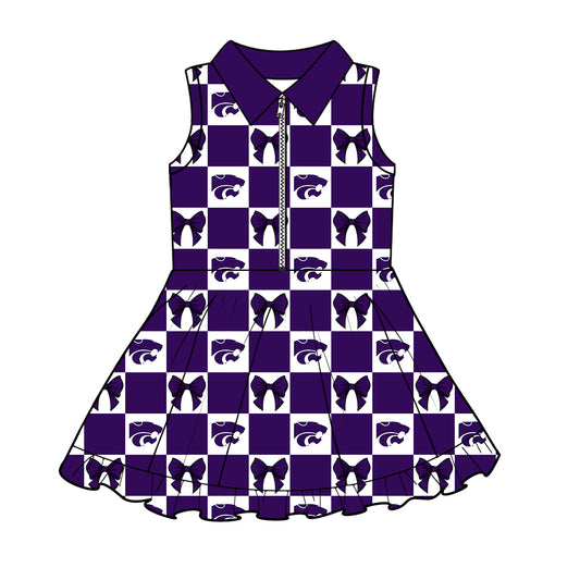 ( Moq 5 ) Baby Girls Kids Toddler Bows Purple Checked Team Zipper Shorts Knee Length Dress