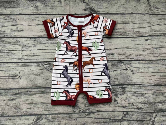 No Moq Pre-order Baby Boy Short Sleeves Western Horse Cactus Stripes Zipper One Piece Romper