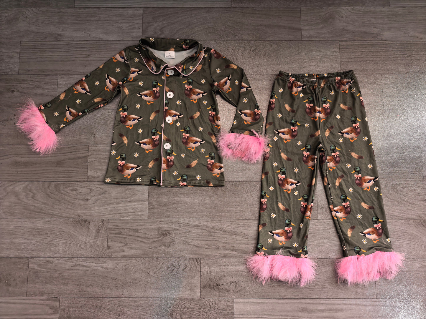 ( No moq ) Preorder Baby Girls Kids Ducks Bows Flower Buttons Shirt Pink Fur Pants Pajamas Set Clothes