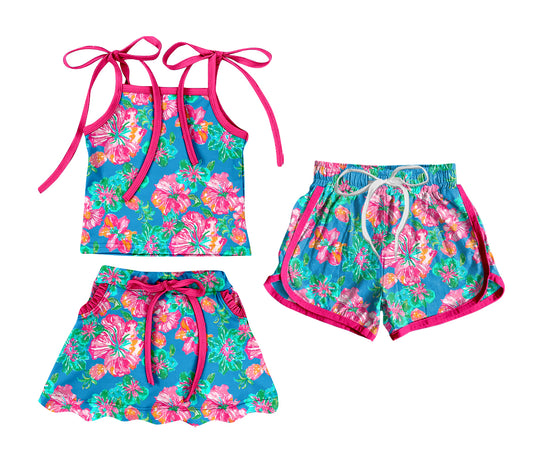 ( Moq 5 Each Style ) Sibling Baby Girls Kids Straps Flower Tops Skort Set Shorts Summer Green Clothes