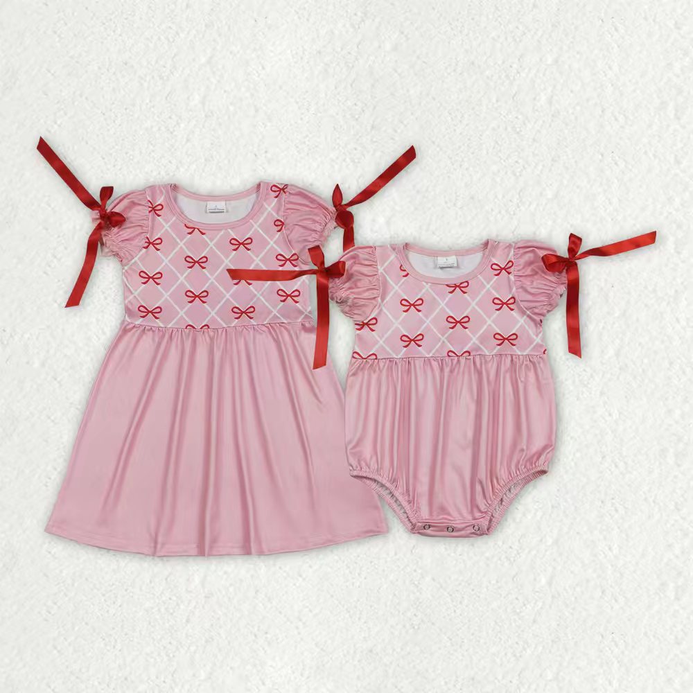 Sibling Baby Girls Kids Short Sleeves Bows Pink Bubble Romper Knee Length Dress RTS