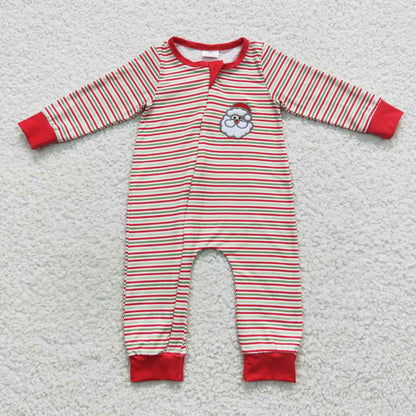 LR0442 Baby Boy Embroidery Christmas Santa Stirpes Zip Romper