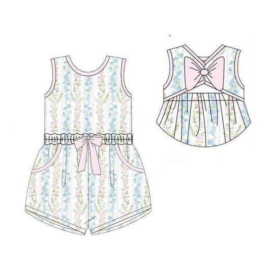 ( Moq 5 ) Preorder Baby Girls Kids Sleeveless Floral Stripes Bows Pockets Shorts Jumpsuit